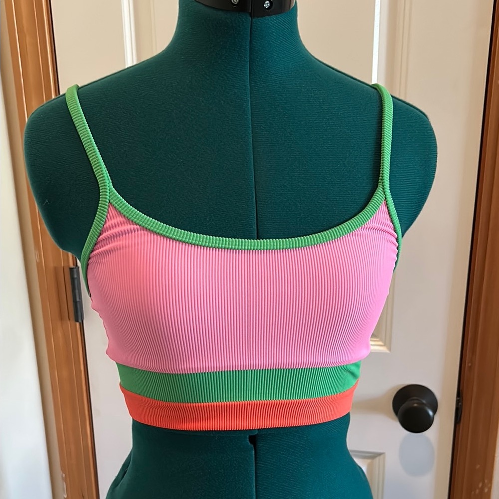 Beach Riot Pink Green Orange Ribbed Colorblock Bikini Top - Picture 3 of 5